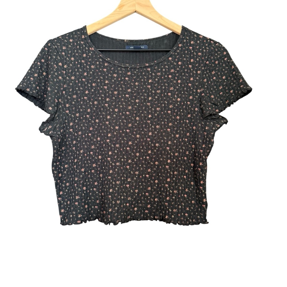 American Eagle Ribbed Black w/ Dusty Floral Baby Tee